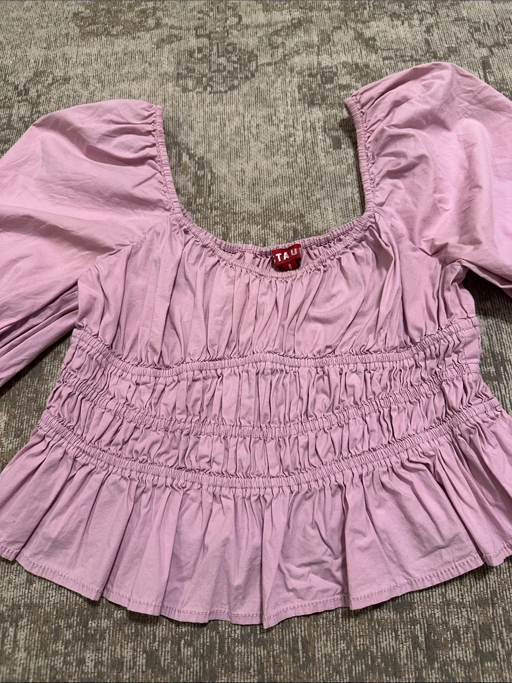 STAUD Pink Puff-Sleeve Smocked Peplum Blouse